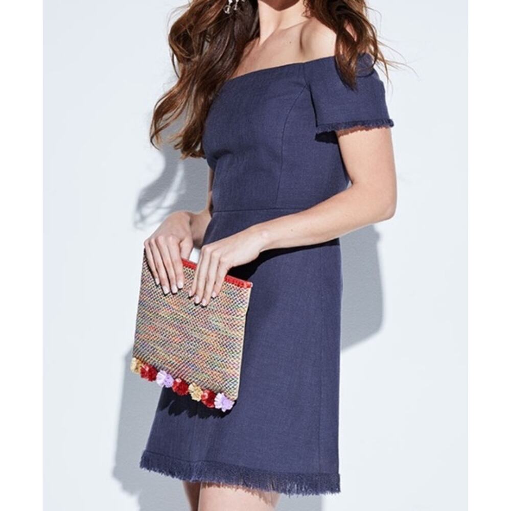 REBECCA TAYLOR Off The Shoulder Mini Dress Dark Blue Tweed Fringe Women's 2
